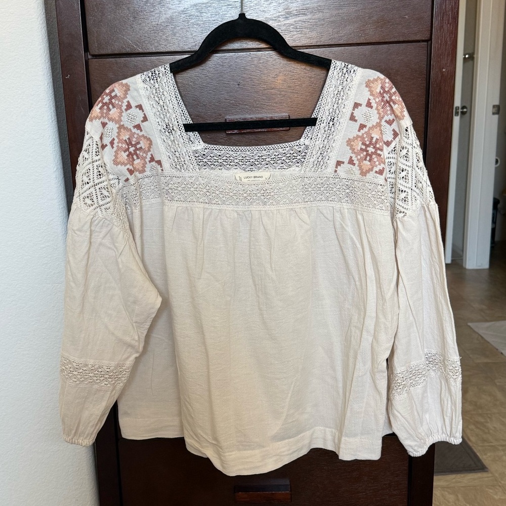 Lucky Brand Cream and Pink Embroidered Blouse
